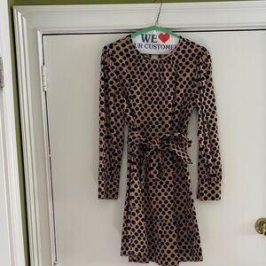 Polka Dot Long-Sleeve Tie-Waist Dress - Tan with Black Dots size XS